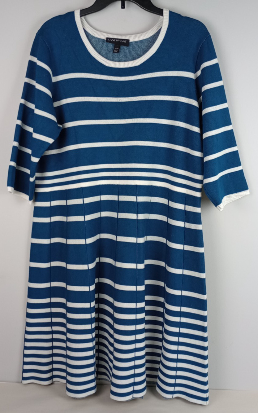 Lane Bryant Womens 22/24 Teal White Horizontal Striped 3/4 Sleeve Sweater Dress